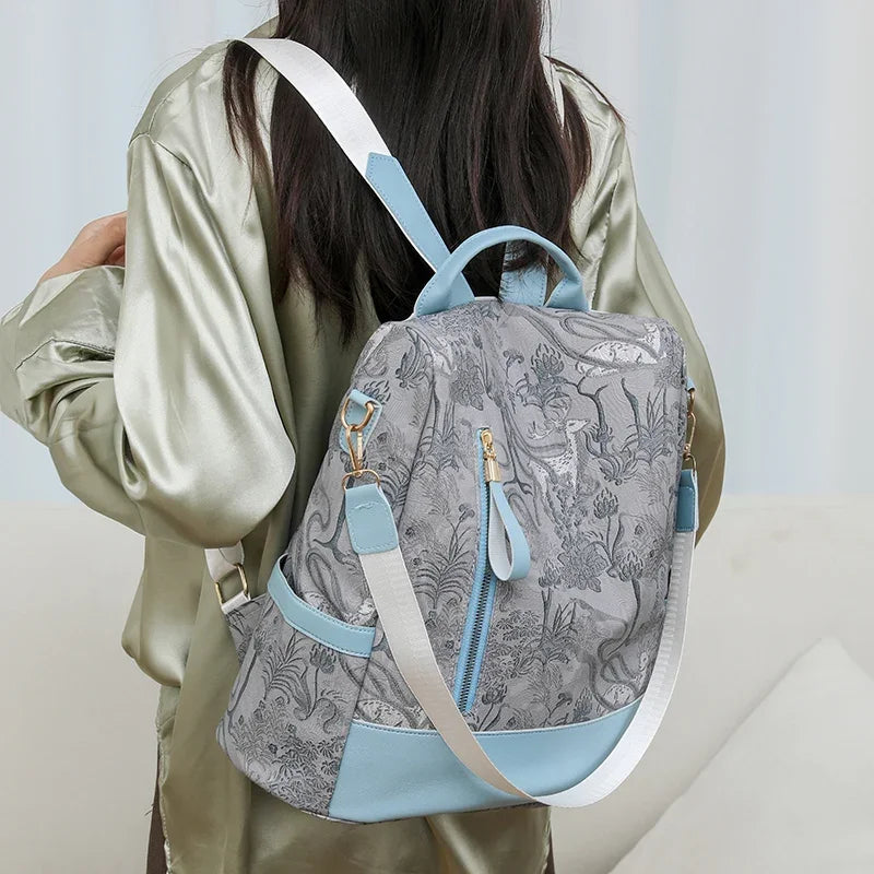 Stylish Color Blocking PU Leather Backpack | Anti-Theft Travel Bag