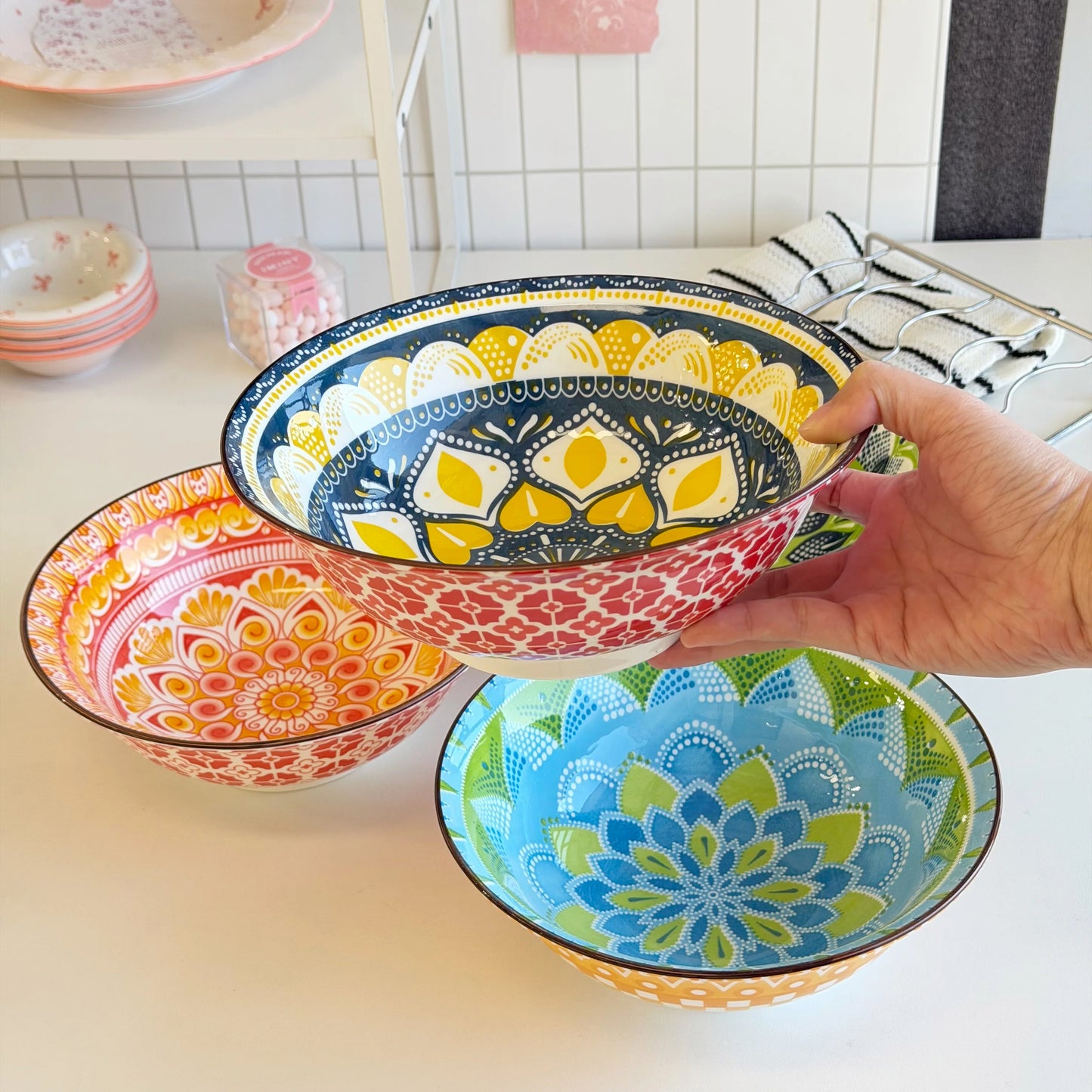 8-Inch Bohemian Ceramic Soup Bowl Set | Dishwasher & Microwave Safe