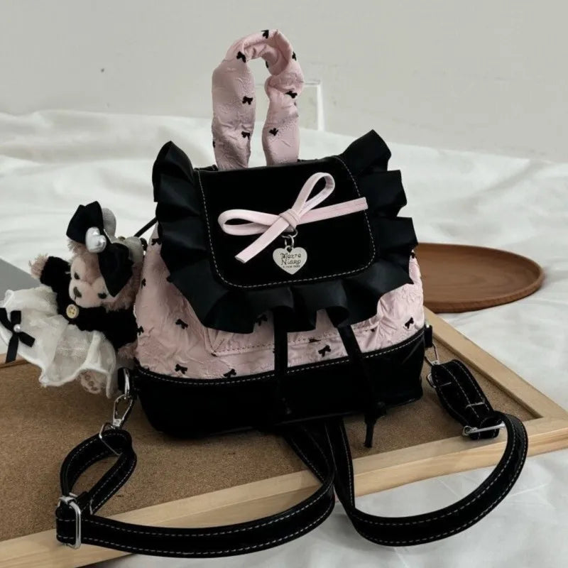 Stylish Black Pink Bow Ruffled Backpack for Women & Girls