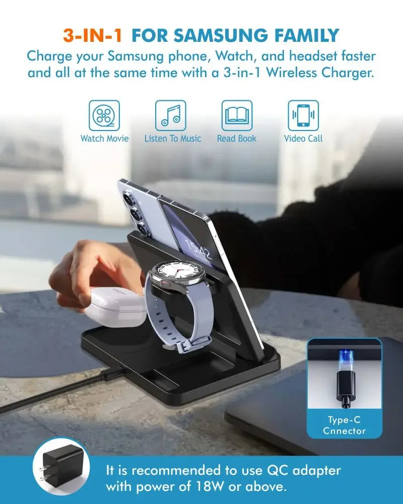 3-in-1 Fast Wireless Charger Stand for Phones, Watches, & Earbuds
