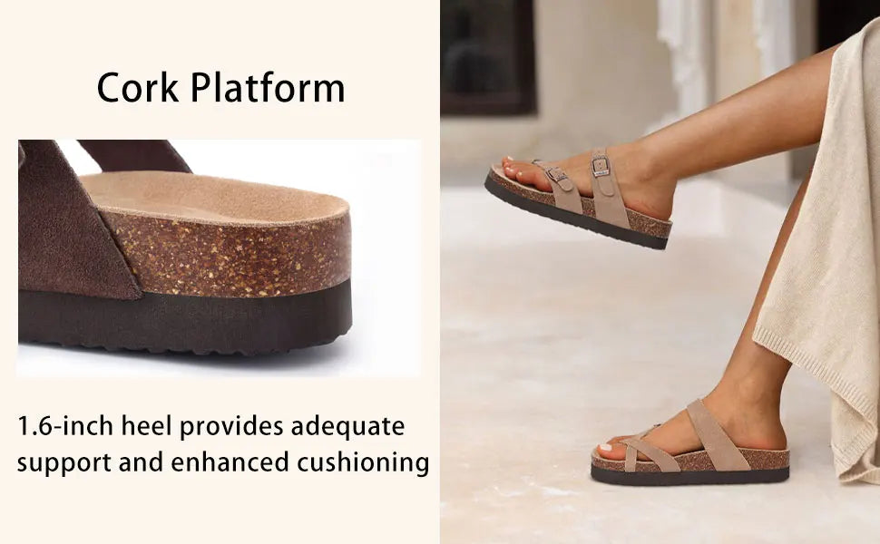 Women's Suede Sandals | Adjustable Buckle Cork Platform Footwear
