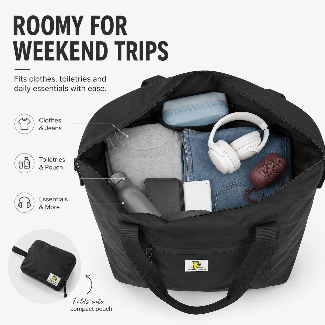 Foldable Travel Tote Bag | Large Waterproof Lightweight Weekender