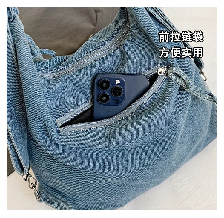 Trendy Solid Color Denim Shoulder Bag | Versatile Women's Crossbody