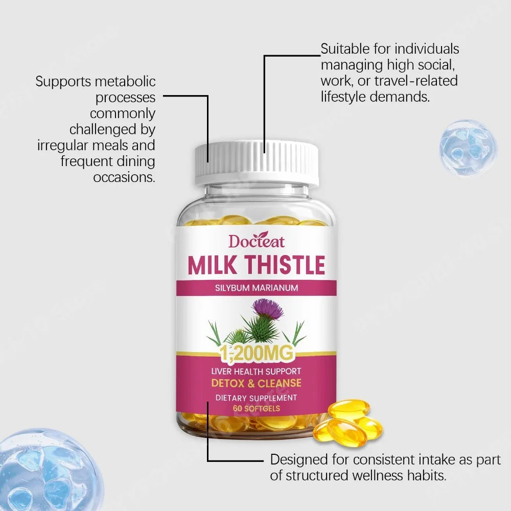 Docteat Milk Thistle Dandelion Softgels 1200mg 60 CT Supports Daily Wellness Natural Liver Metabolic Support Non-GMO