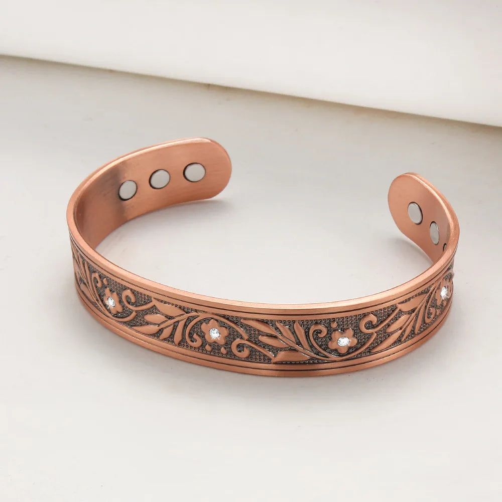 Vintage Floral Pure Copper Cuff Bracelet | Magnetic Therapy Bangle