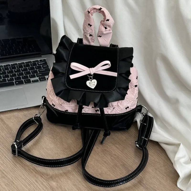 Stylish Black Pink Bow Ruffled Backpack for Women & Girls