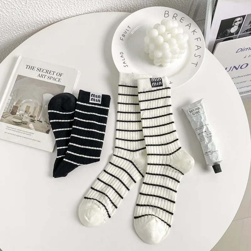 Trendy Striped Mid Tube Socks | Stylish Breathable Casual Wear
