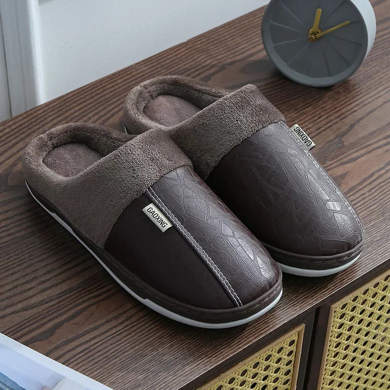 Men's Warm PU Leather Plush Slippers | Cozy Waterproof House Shoes