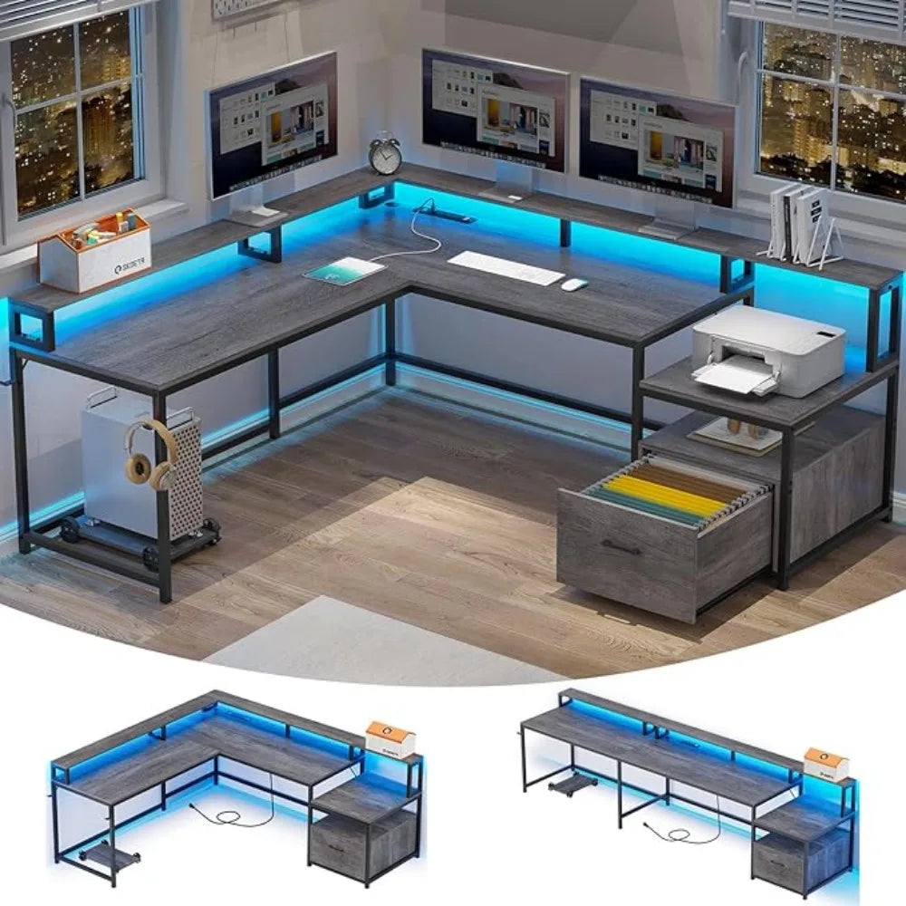 66" Gaming Desk | Corner Home Office Desk with Storage & LED Lights