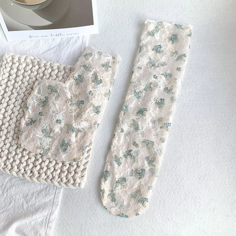 Stylish Korean Lace Flower Long Socks for Women | Breathable Comfort