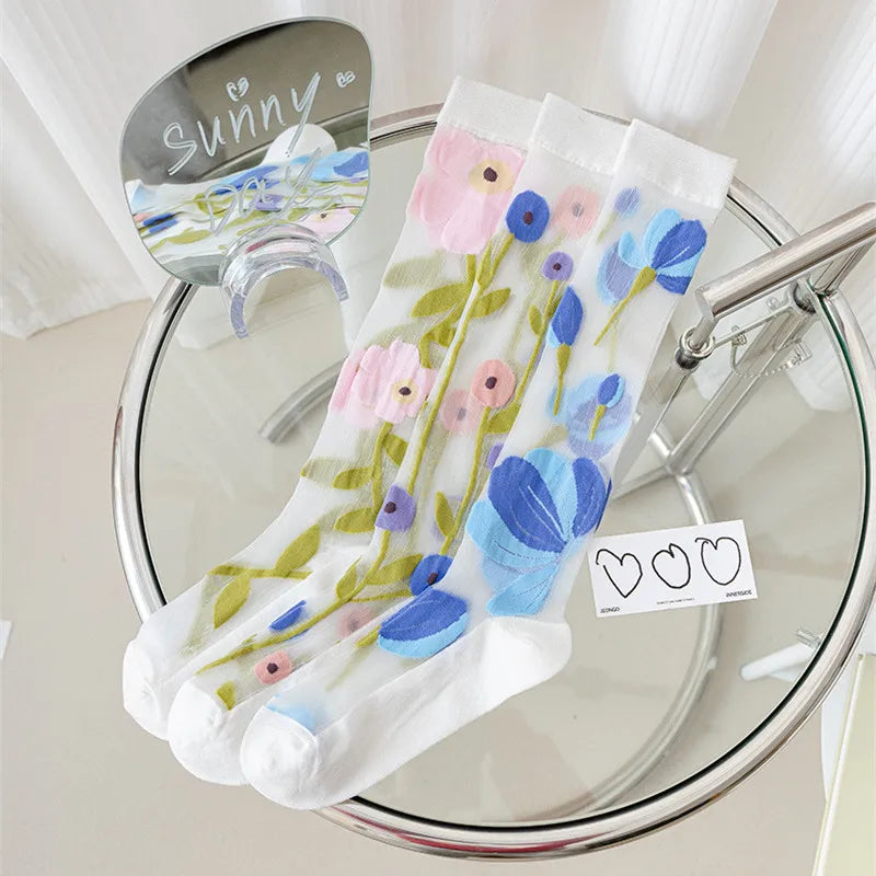 Floral Print Knee High Socks | Stylish Ultra-Thin Summer Stockings