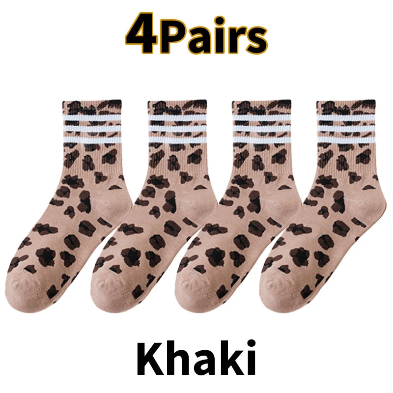 4 pares de calcetines deportivos de algodón con estampado de leopardo para mujer | Modernos y cómodos
