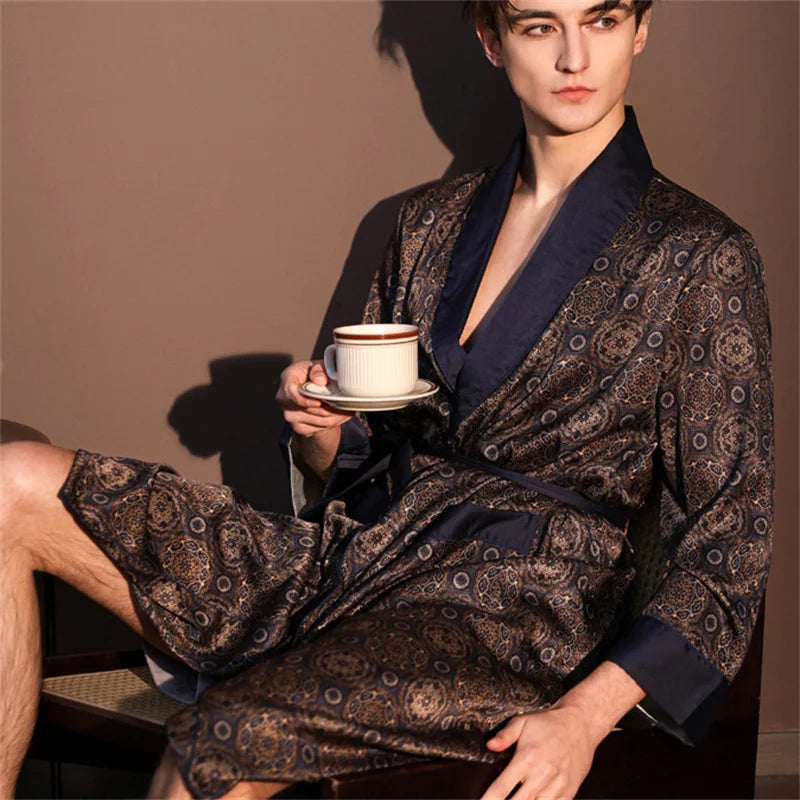 Spring Summer New Mens Robe Printed Bathrobe Kimono Gown Silky Satin Male Sleepwear Night Clothes Loose Casual Homewear Pajama
