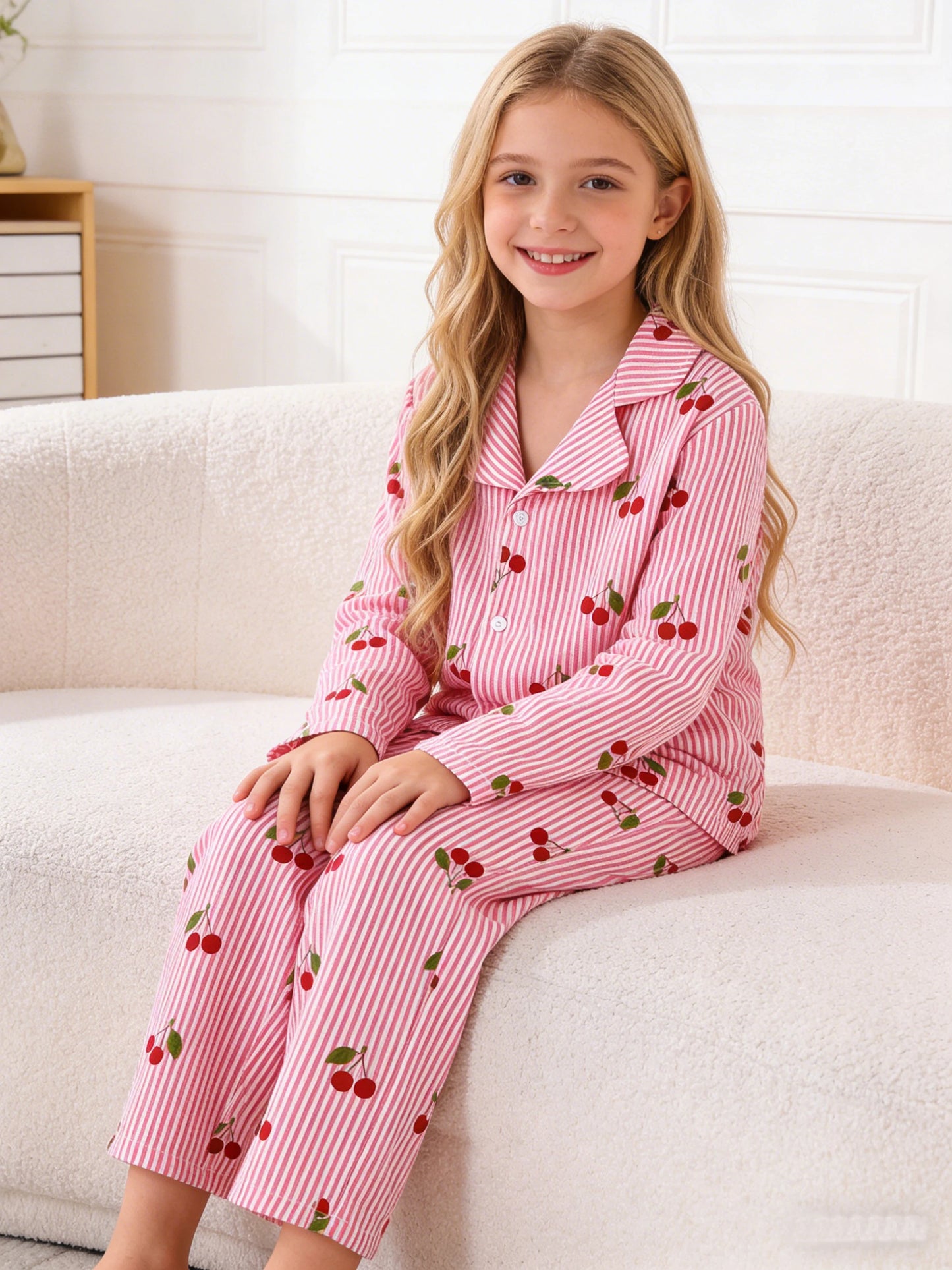 Girls' Cherry Sleepwear & Pants Set | Cozy Home Wear for All Seasons