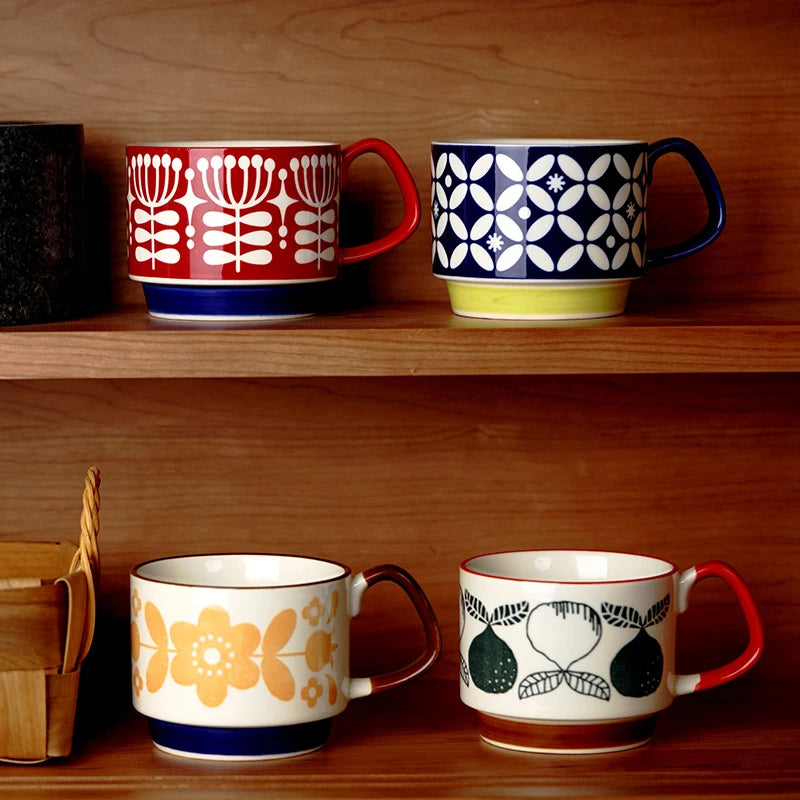 Set de tazas de cerámica retro japonesa con diseño floral de 300 ml | Vajilla elegante
