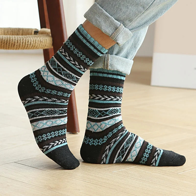 Men's Thick Cotton Mid Tube Socks | Warm Retro Ethnic Stripes