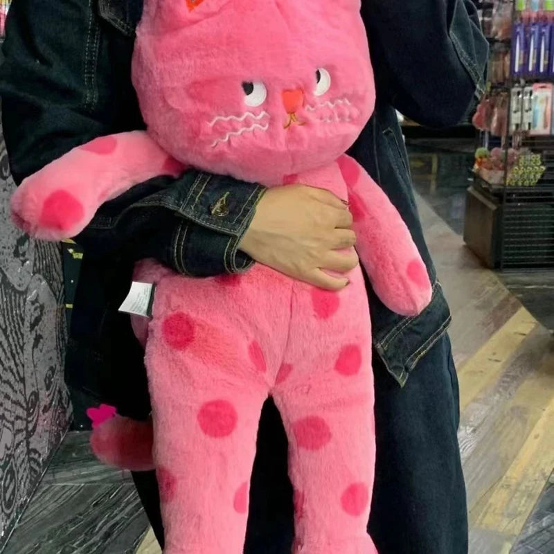 Unique Pink Polka Dot Cat Plush Toy | Soft Black Kitten Cushion
