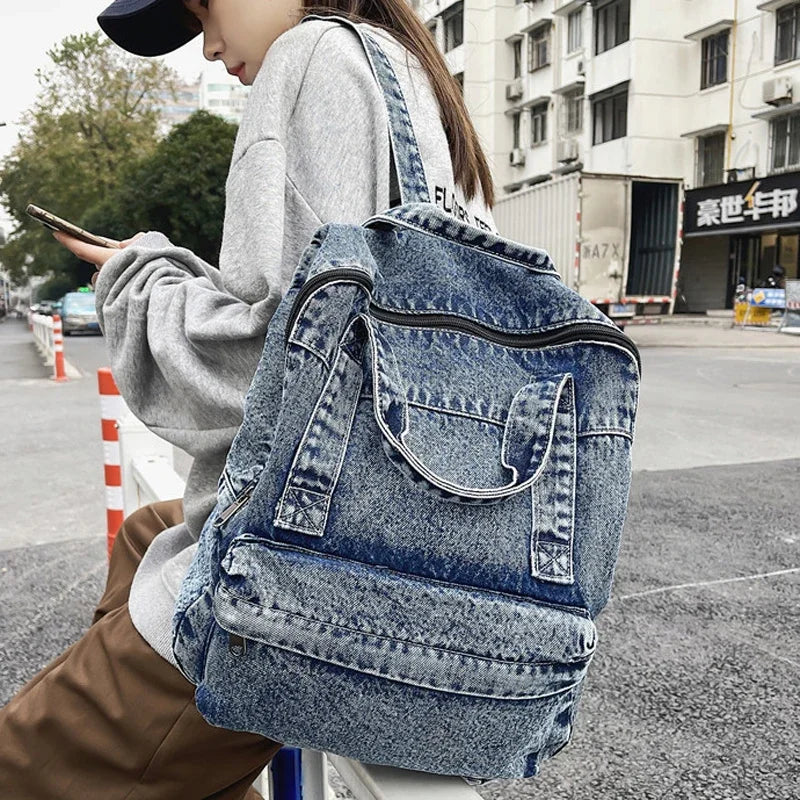 Casual Denim Backpack | Large Capacity Laptop Bag for School & Travel