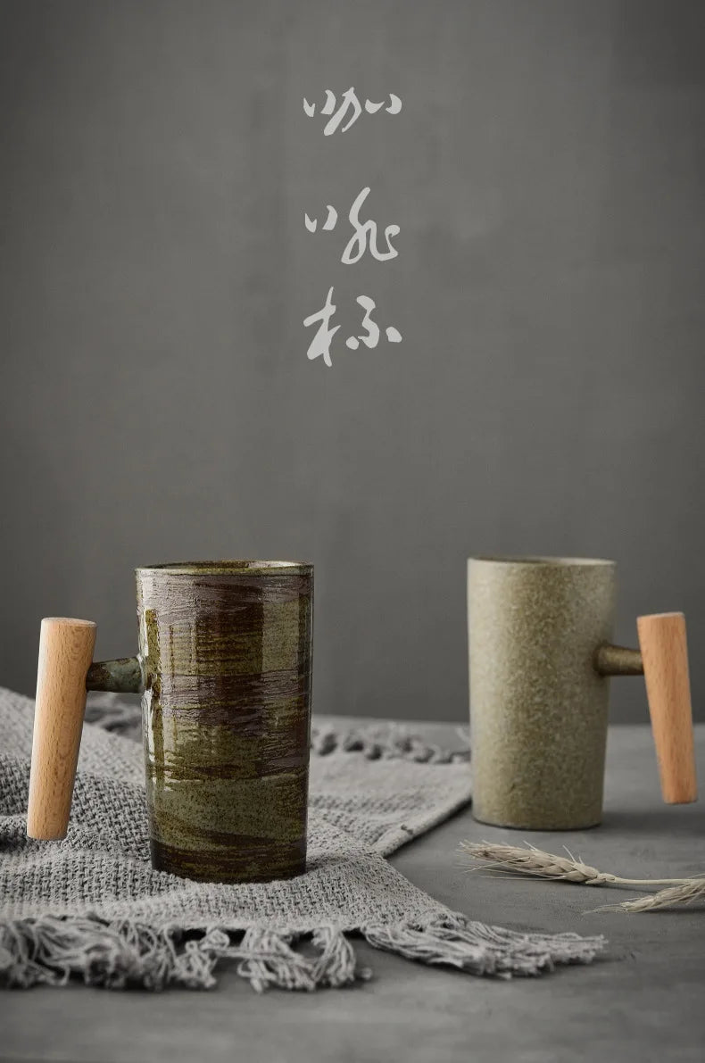Handmade Stoneware Coffee Cup with Wooden Handle | Vintage Style Mug