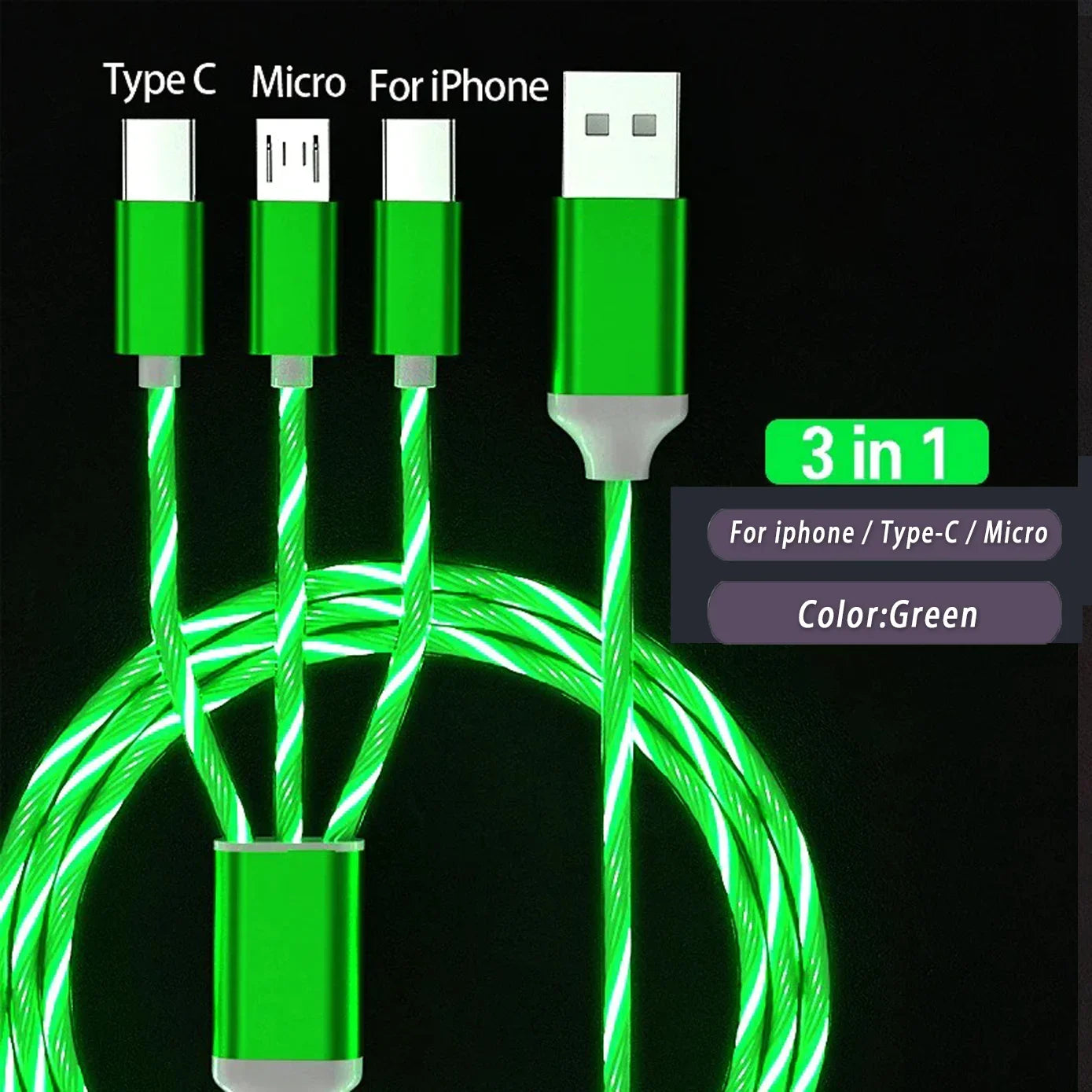 3 IN 1 Glowing LED Light Phone Charger | Luminous USB Type C Cable