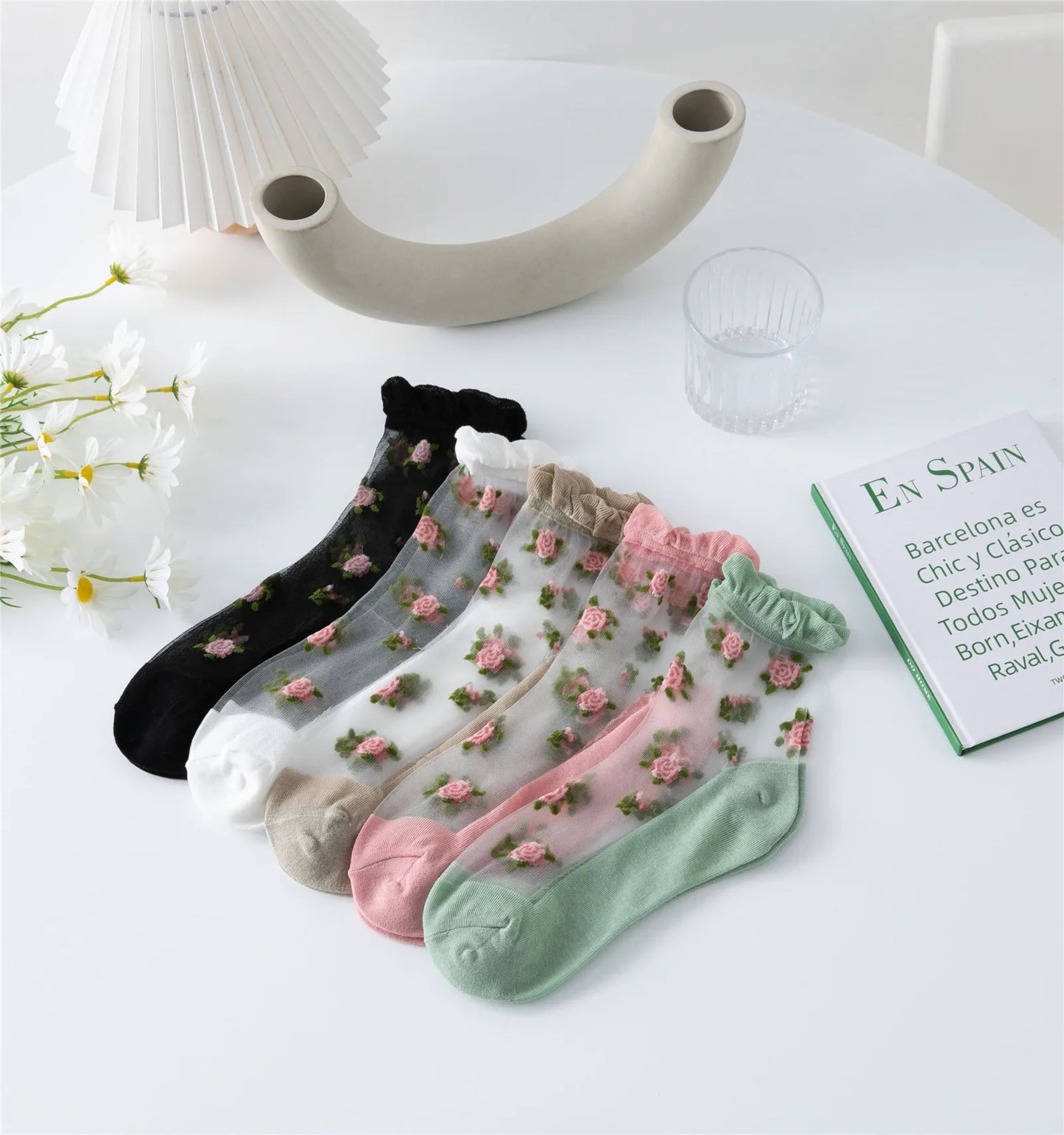 Women's Ultra-thin Lace Ruffle Socks | Vintage Rose Floral Style