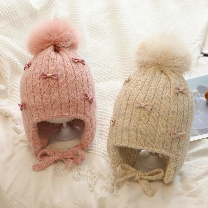 Warm Winter Hat for Girls | Cute Kids Bonnet with Pompom & Bows