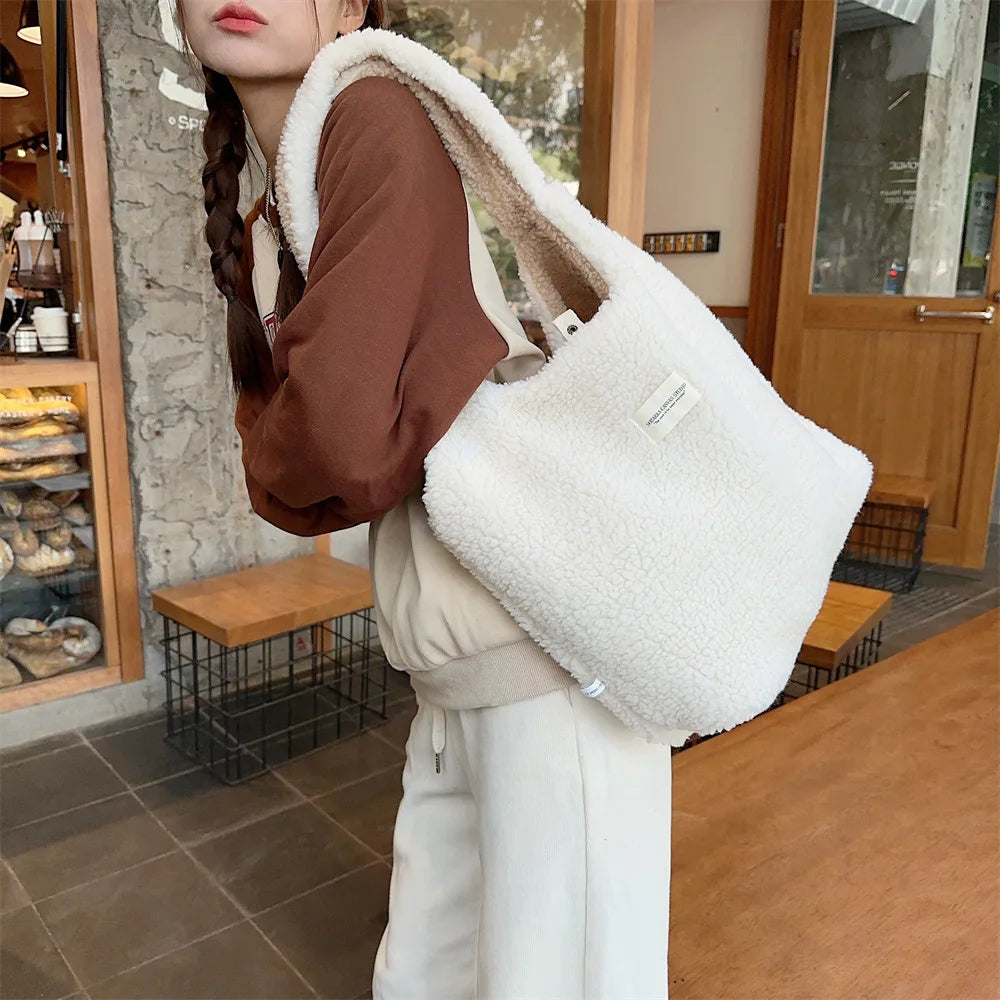 Reversible Plush Shoulder Bag for Women | Warm Fabric Tote