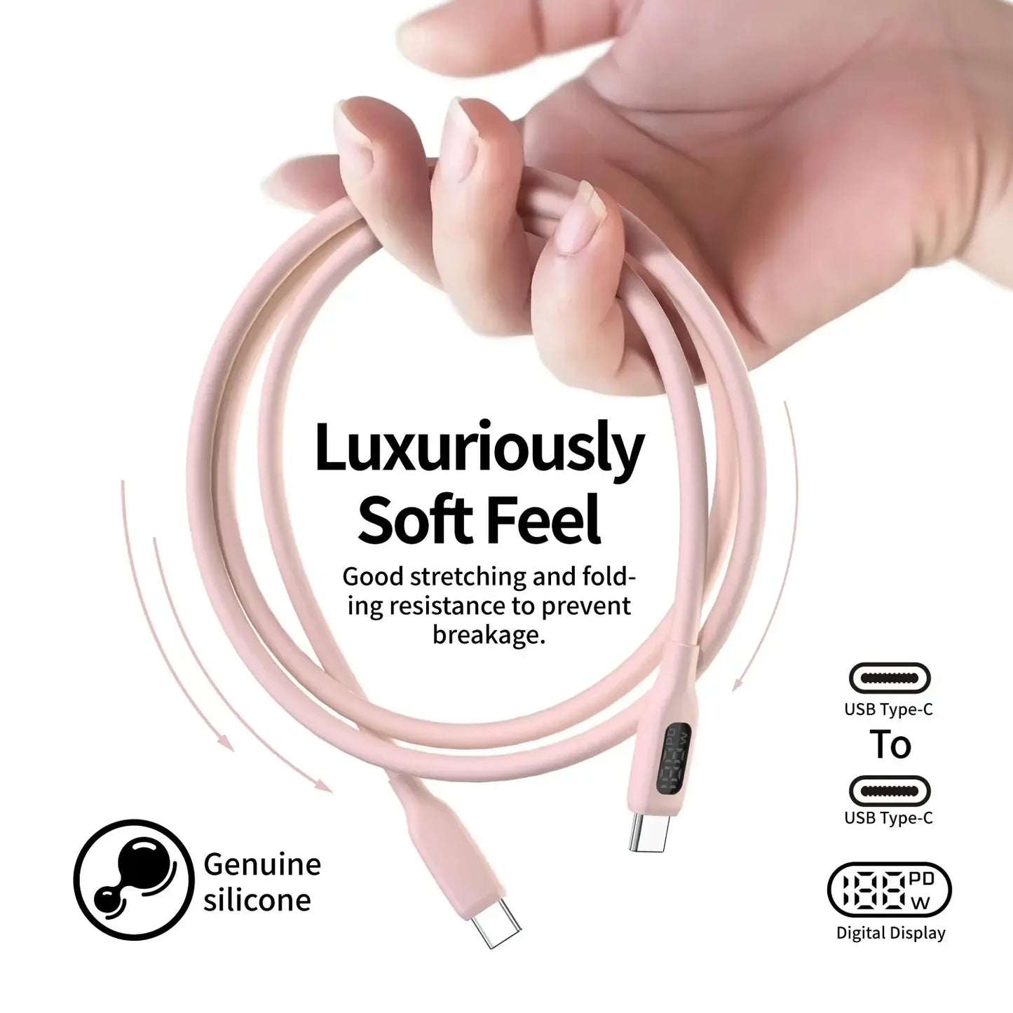 USB C Super Fast Charging Cable with Cute Pink LED Display