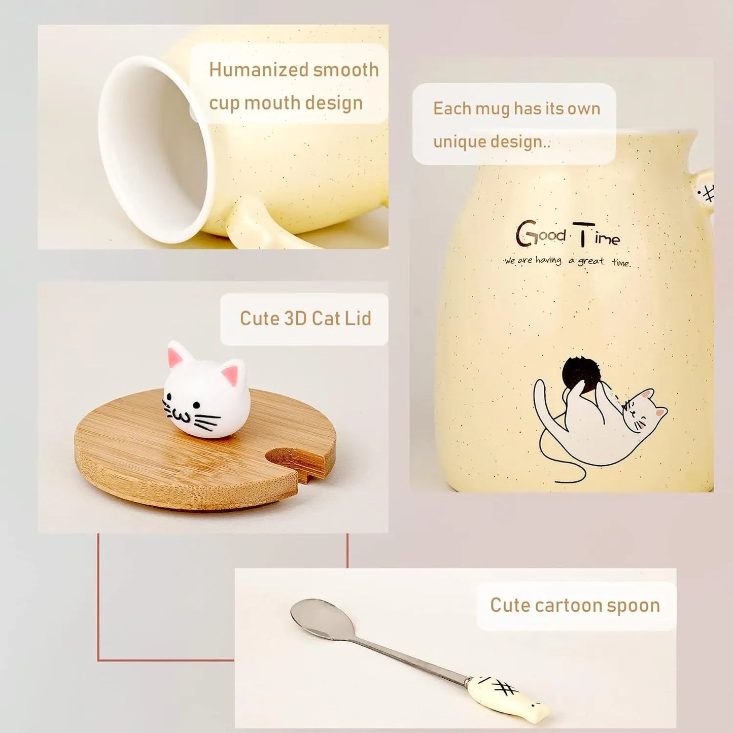 Cute Cat Ceramic Mug with Kitty Lid & Spoon | Perfect Gift for Cat Lovers