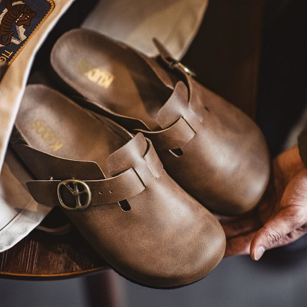Men's Vintage Brown Leather Mules | Comfortable Slide-On Slippers