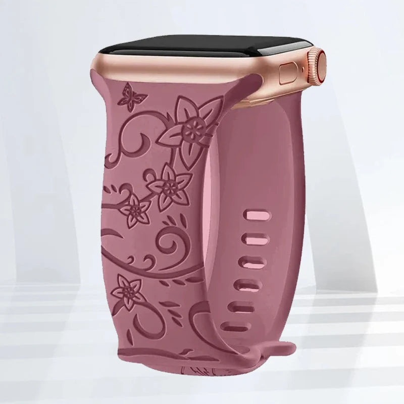 Floral Engraved Silicone Strap | Elegant Replacement Band for Apple Watch