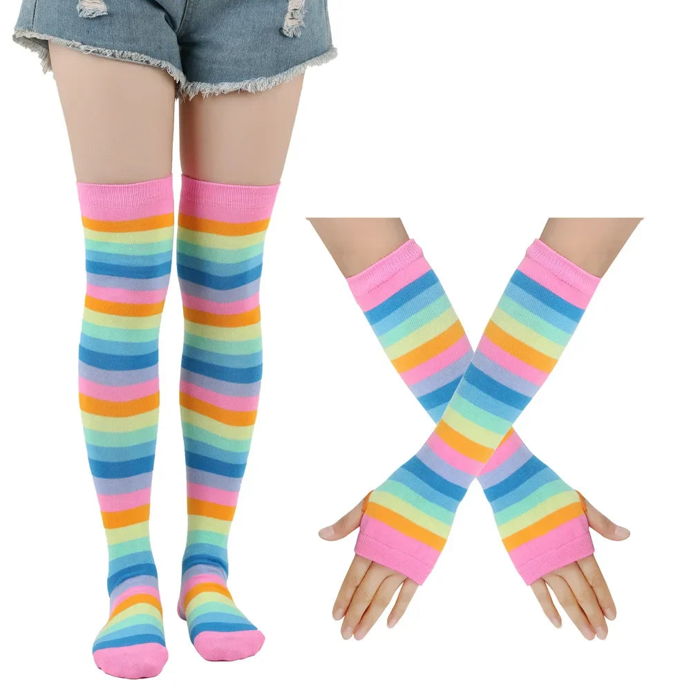 Women’s Rainbow Stripes Over Knee Socks & Elbow Gloves Set