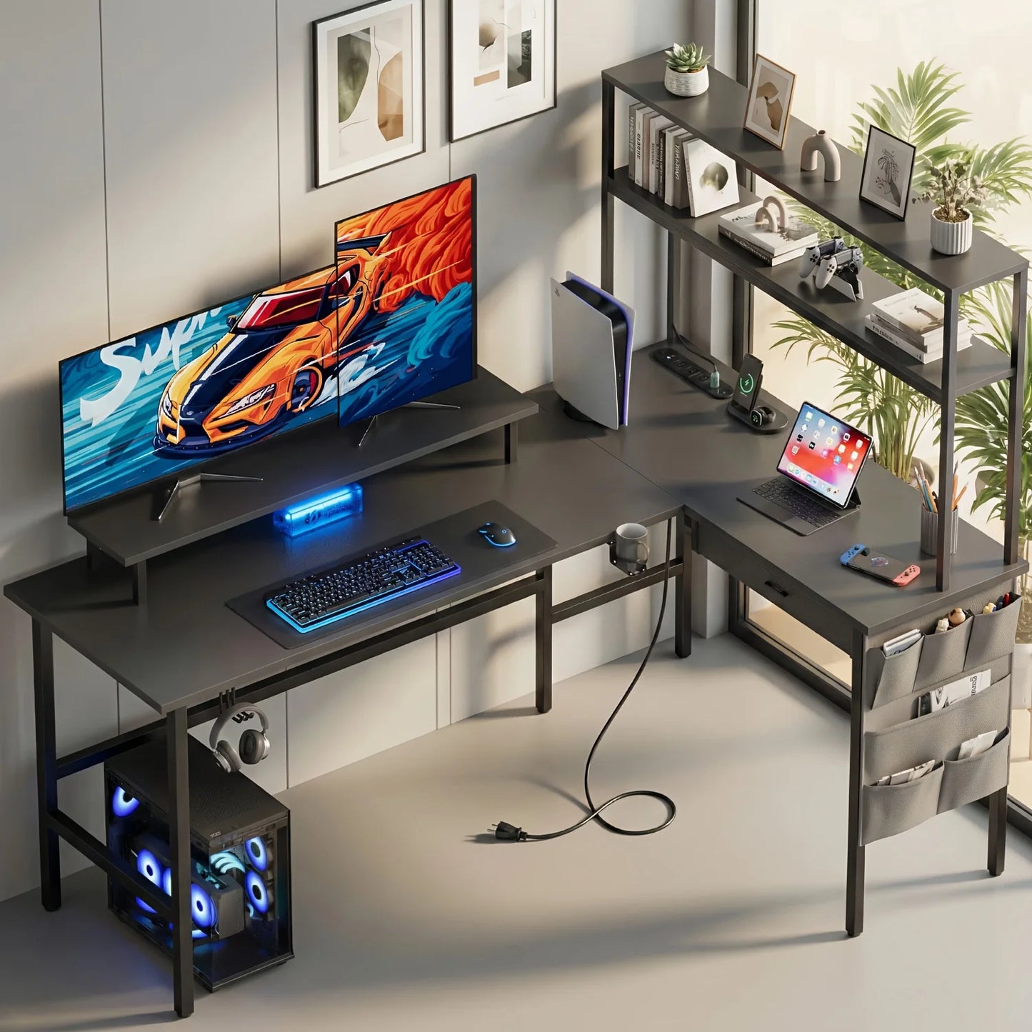 Versatile L Shaped Reversible Computer Desk with LED Lights