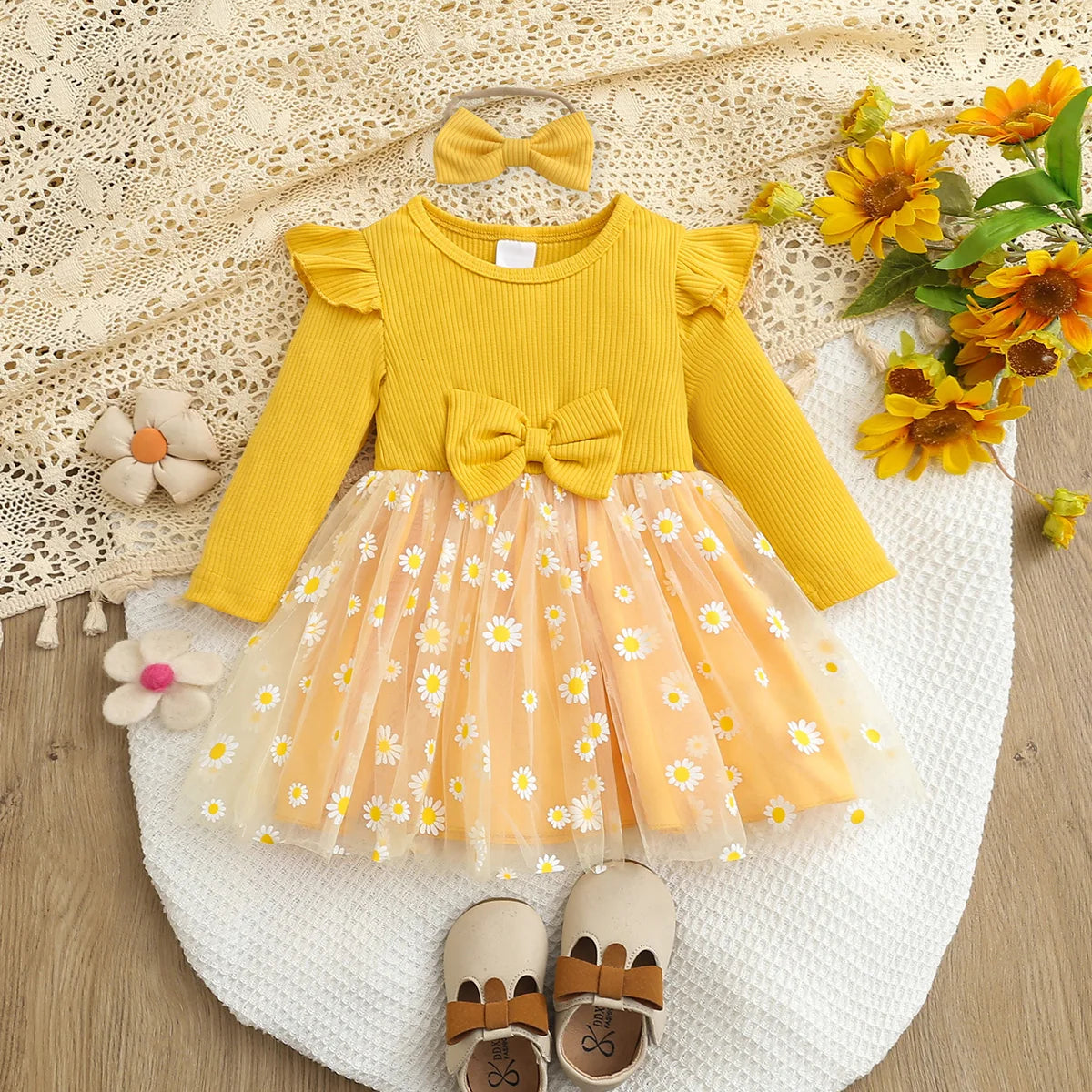 Girls Daisy Yellow Tulle Dress with Hairband | Adorable Baby Outfit