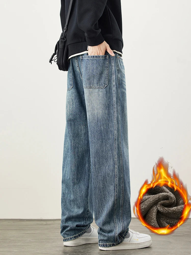 Wide-Leg Warm Fleece Jeans — Winter Thick Loose Straight Denim Pants for Men, Vintage Casual Velvet-Lined Korean Style Trousers