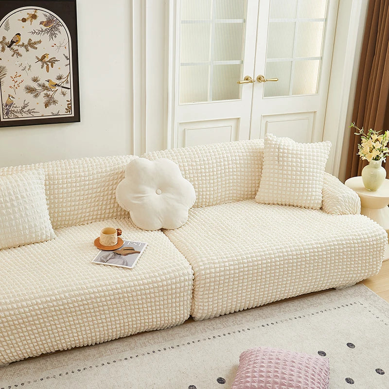 Solid Color Bubble Popcorn Sofa Cover | Elastic & Durable Fit
