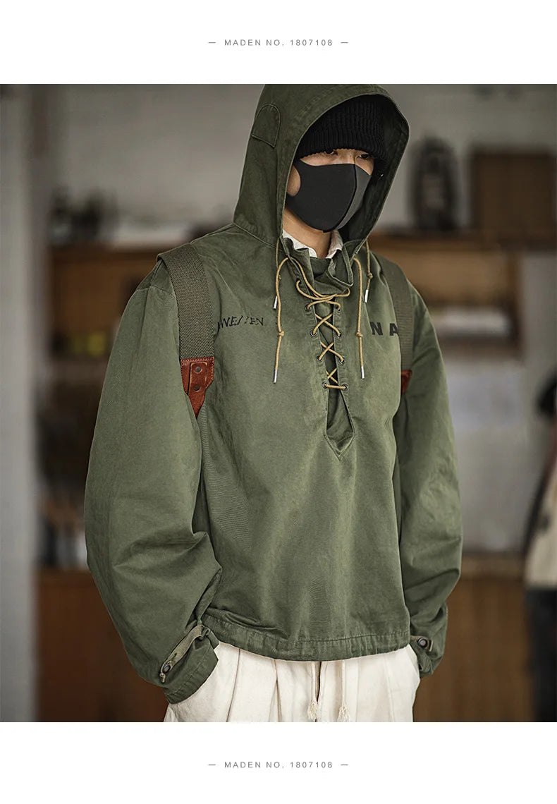 Men's Retro Green Hooded Sweatshirt | Stylish Adjustable Windbreaker