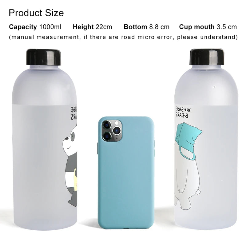 Cute Panda Water Bottle | 1000ml Transparent Frosted Drinkware