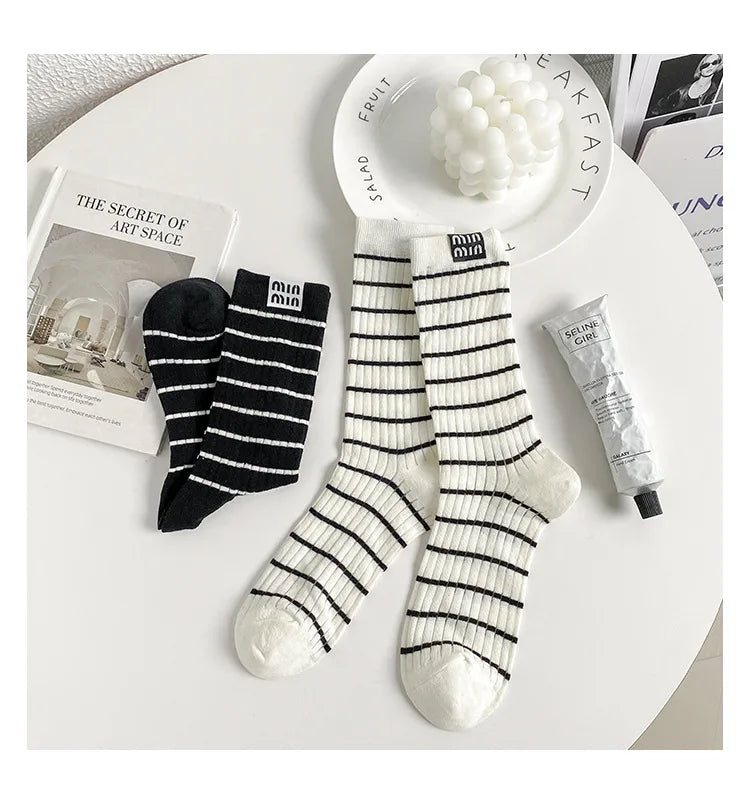 Trendy Striped Mid Tube Socks | Stylish Breathable Casual Wear