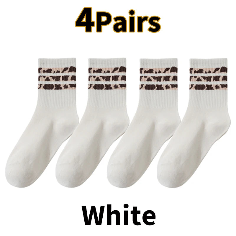 4 pares de calcetines deportivos de algodón con estampado de leopardo para mujer | Modernos y cómodos