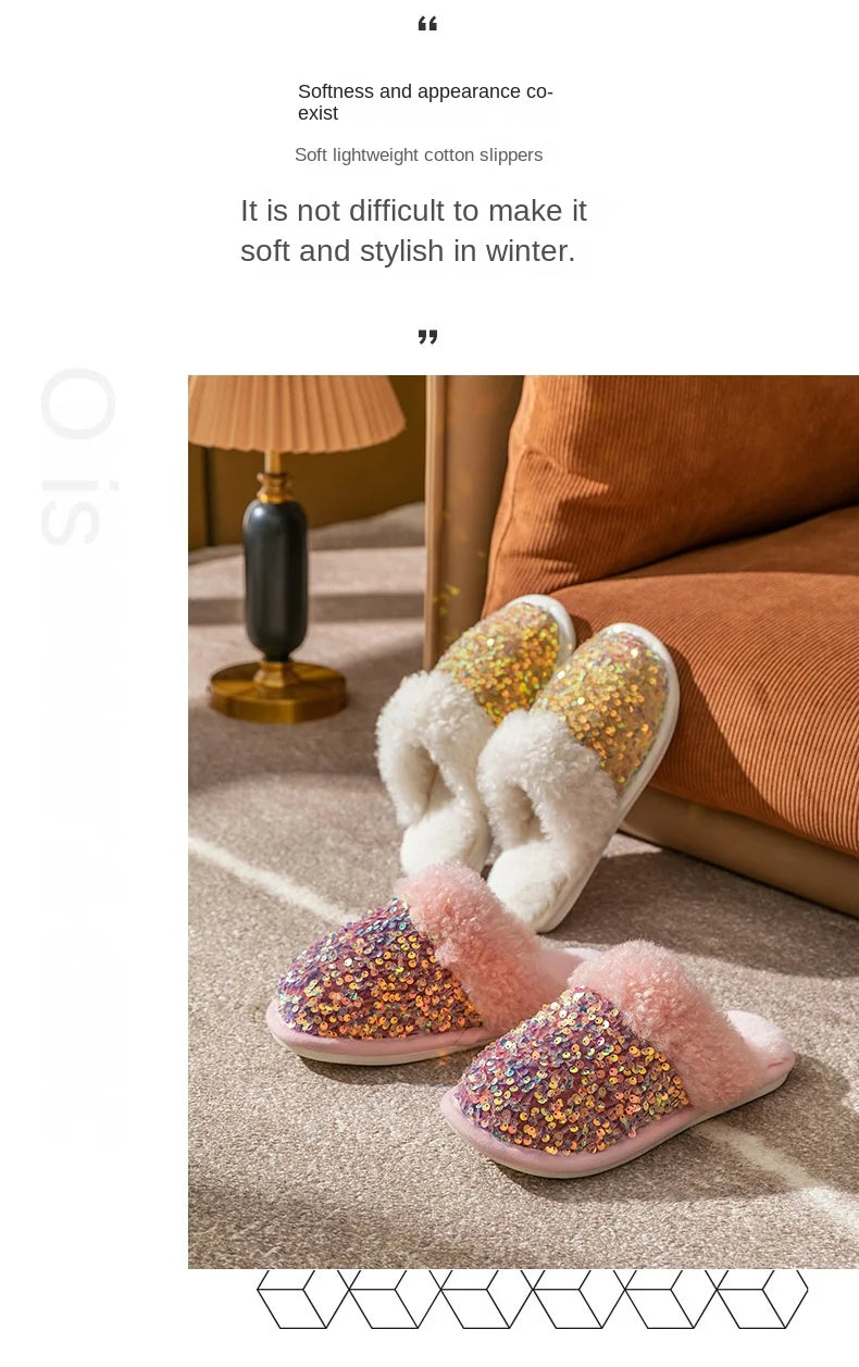 Kawaii Sequin Giraffe Plush Slippers | Cute Winter House Shoes