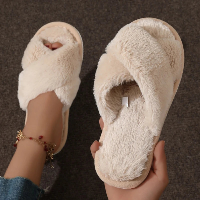 Women's Cross Band Fluffy Plush Slippers | Cozy Indoor House Shoes