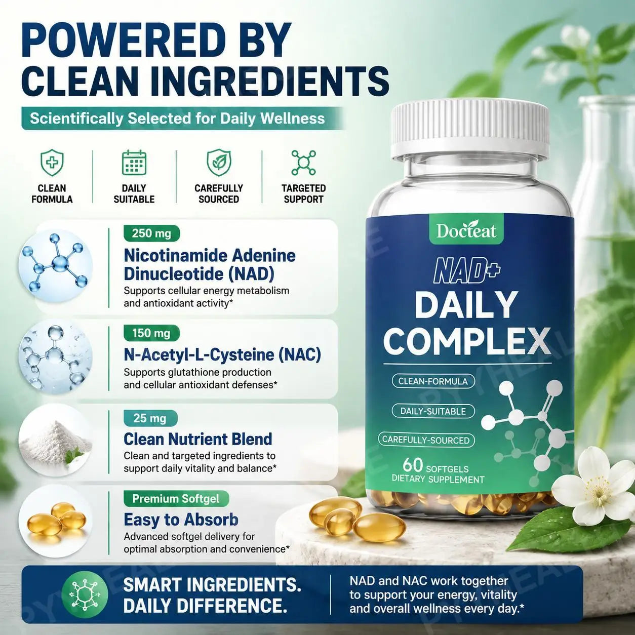 NAD+ and NAC Daily Complex Softgels | Antioxidant Energy Support