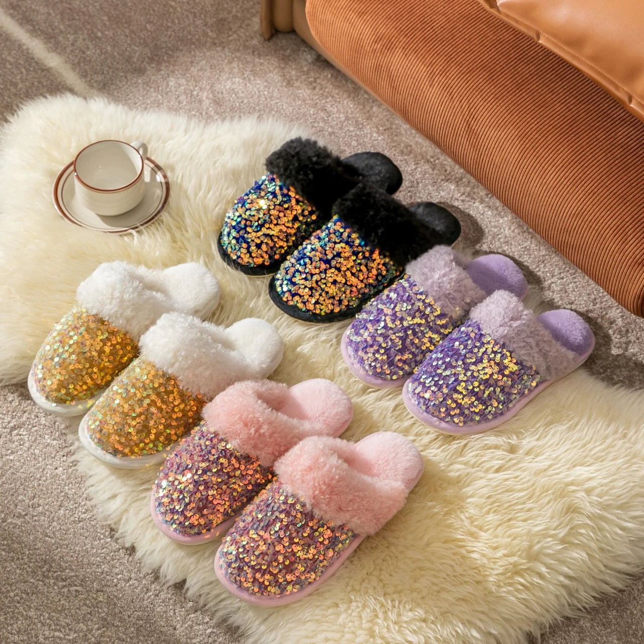 Kawaii Sequin Giraffe Plush Slippers | Cute Winter House Shoes