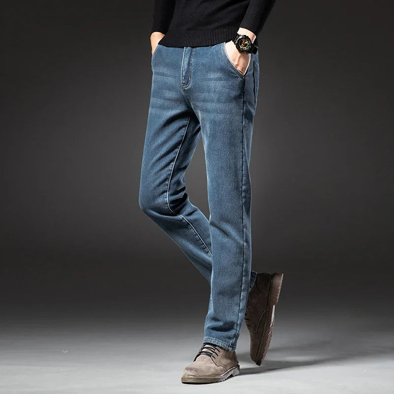 2026 Winter Fleece Thickened Jeans Men Retro Blue Straight Casual Stretch Denim Pants Premium Velvet Warm Pants