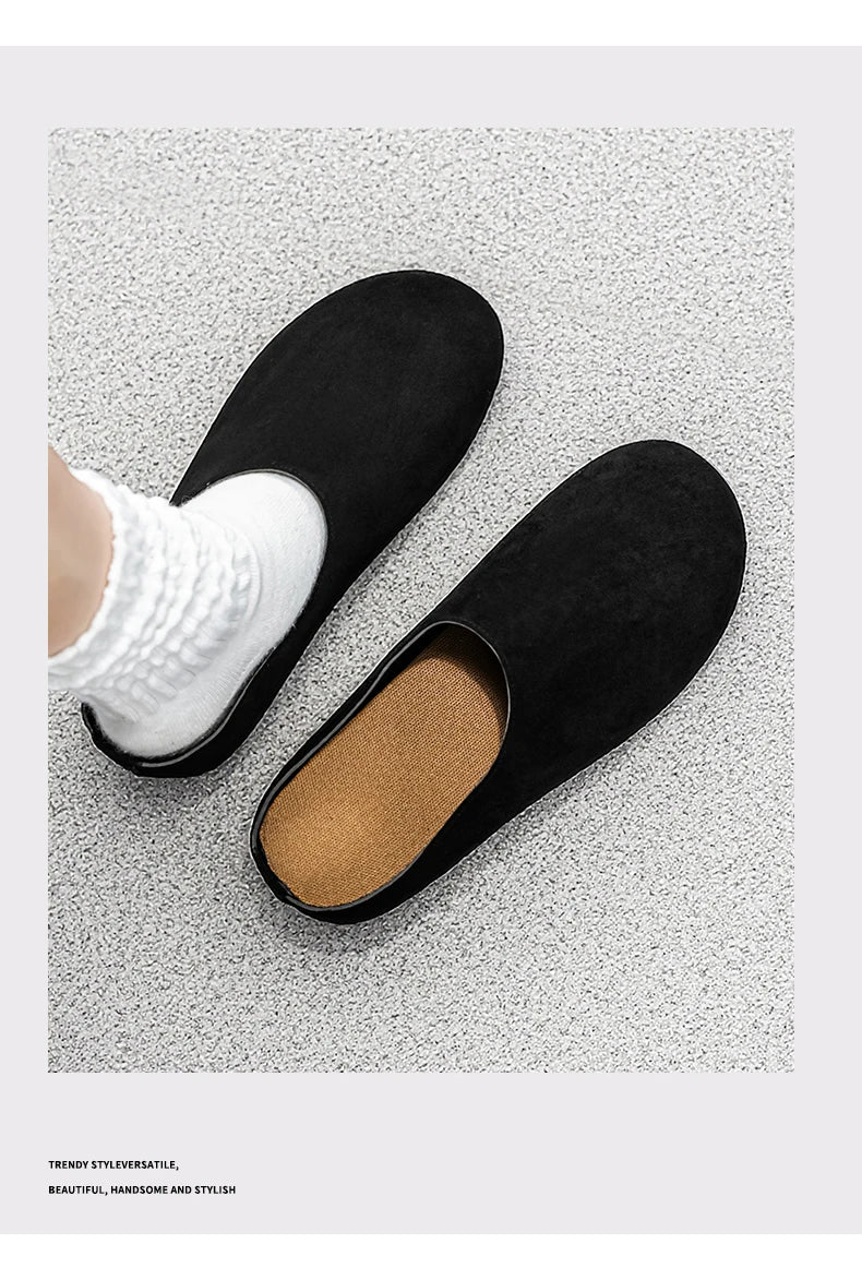 New Men's Slippers New Retro Solid Color Flat Bottom Women's Slingback Shoes Closed Toe Round Toe Suede Clogs Sandals Autumn