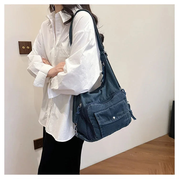 Trendy Solid Color Denim Shoulder Bag | Versatile Women's Crossbody
