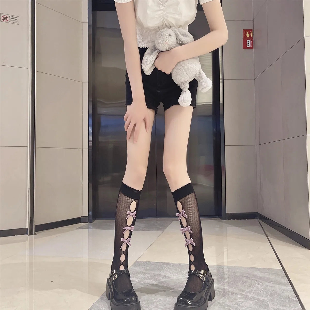 Kawaii Hollow Out Mesh Fishnet Socks | Cute Bow Long Stockings