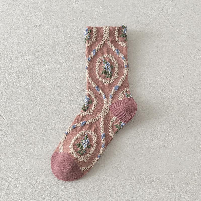 Cute Pink Flower Embroidery Socks for Women | Kawaii Retro Style