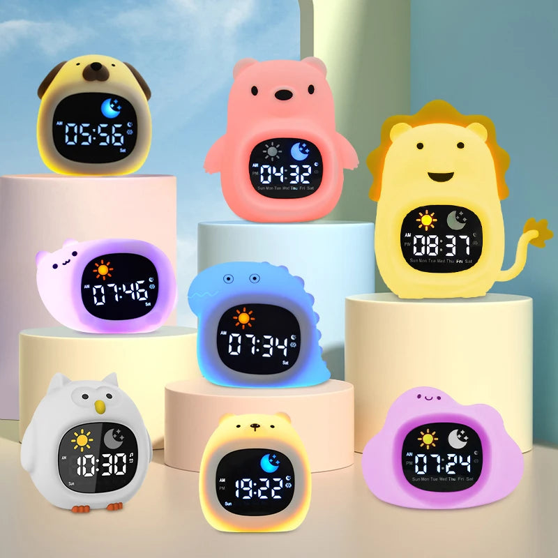 LED Night Light Alarm Clock for Kids | Musical Cat Design